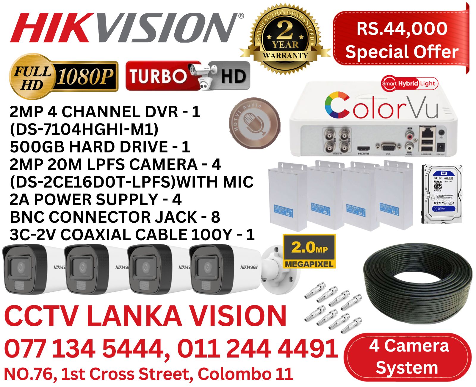 HIKVISION FULL COLOUR NIGHT VISION 4 CHANNEL CCTV CAMERA SYSTEM